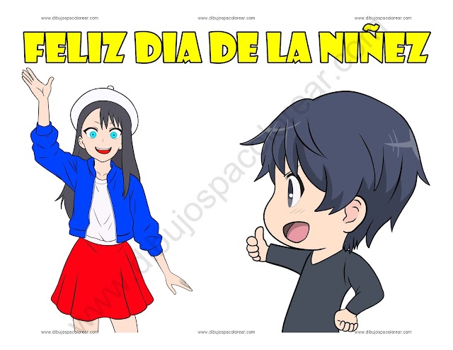 Feliz Día de la Niñez dibujo a color y para colorear
